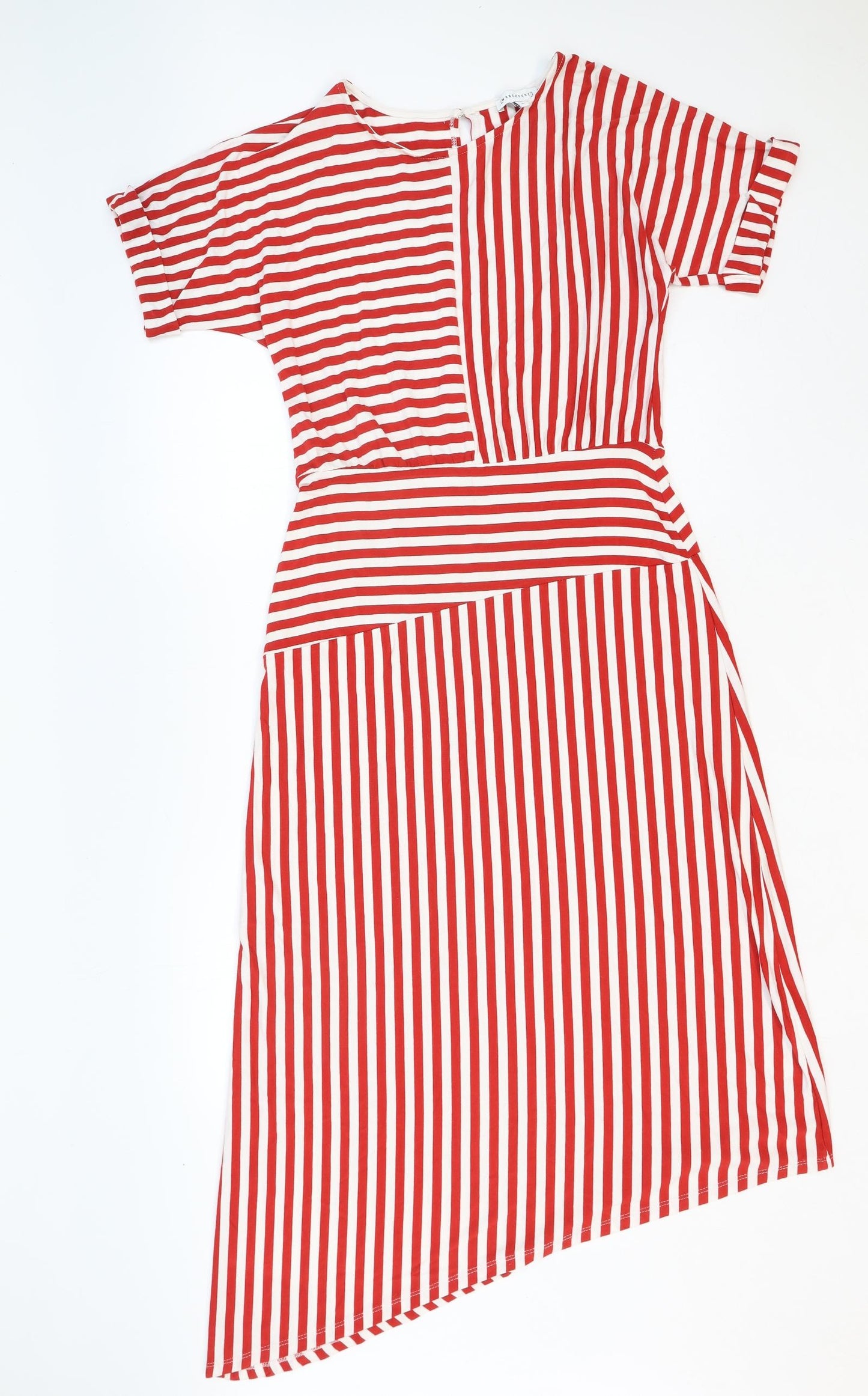 Warehouse Womens Red Striped Rayon A-Line Size 10 Round Neck Button
