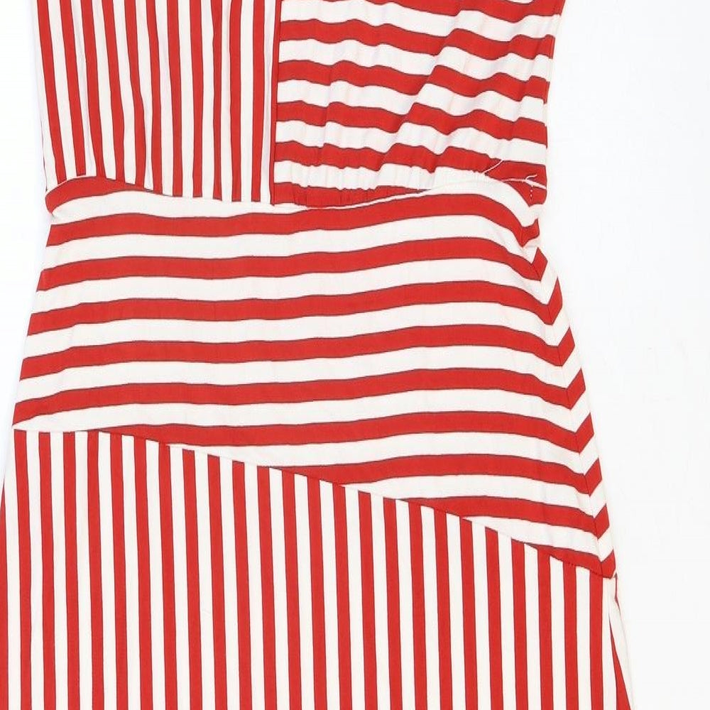 Warehouse Womens Red Striped Rayon A-Line Size 10 Round Neck Button