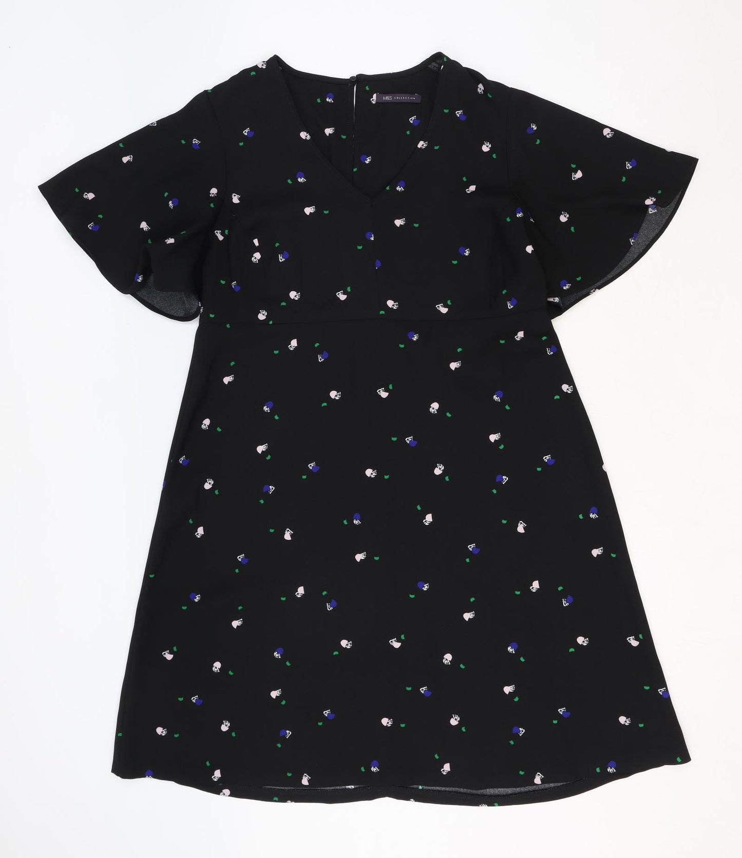 Marks and Spencer Womens Black Floral Polyester Trapeze & Swing Size 16 V-Neck Zip