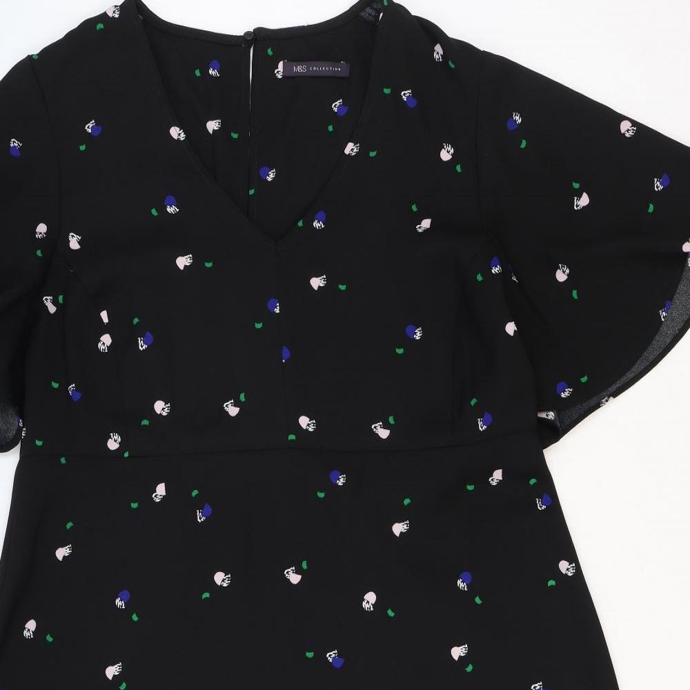 Marks and Spencer Womens Black Floral Polyester Trapeze & Swing Size 16 V-Neck Zip