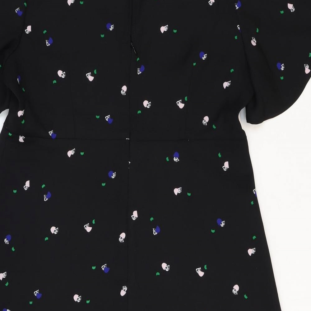 Marks and Spencer Womens Black Floral Polyester Trapeze & Swing Size 16 V-Neck Zip