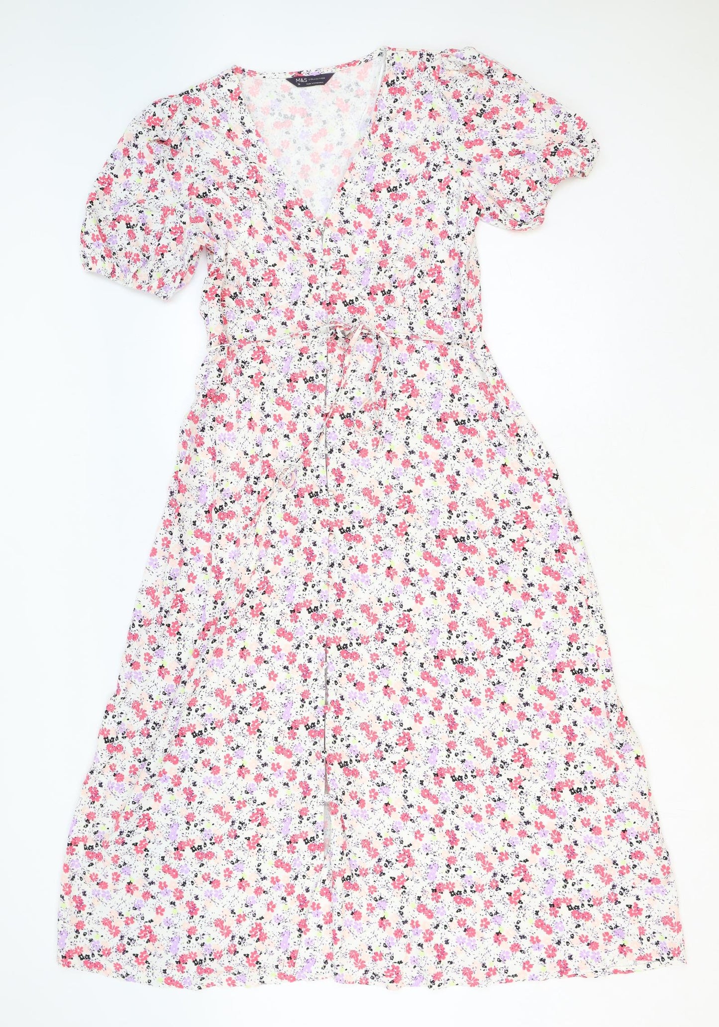 Marks and Spencer Womens Multicoloured Floral Viscose Fit & Flare Size 10 V-Neck Button