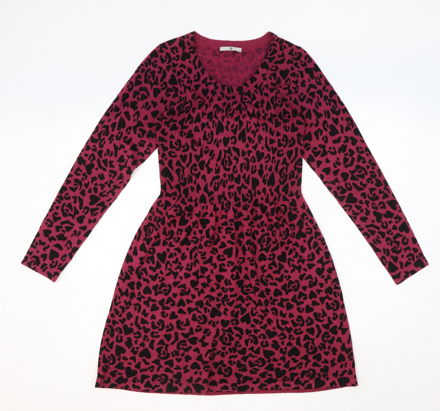 TU Womens Pink Animal Print Acrylic Fit & Flare Size 10 Round Neck Pullover - Leopard Pattern