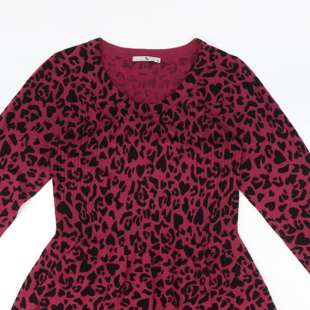 TU Womens Pink Animal Print Acrylic Fit & Flare Size 10 Round Neck Pullover - Leopard Pattern