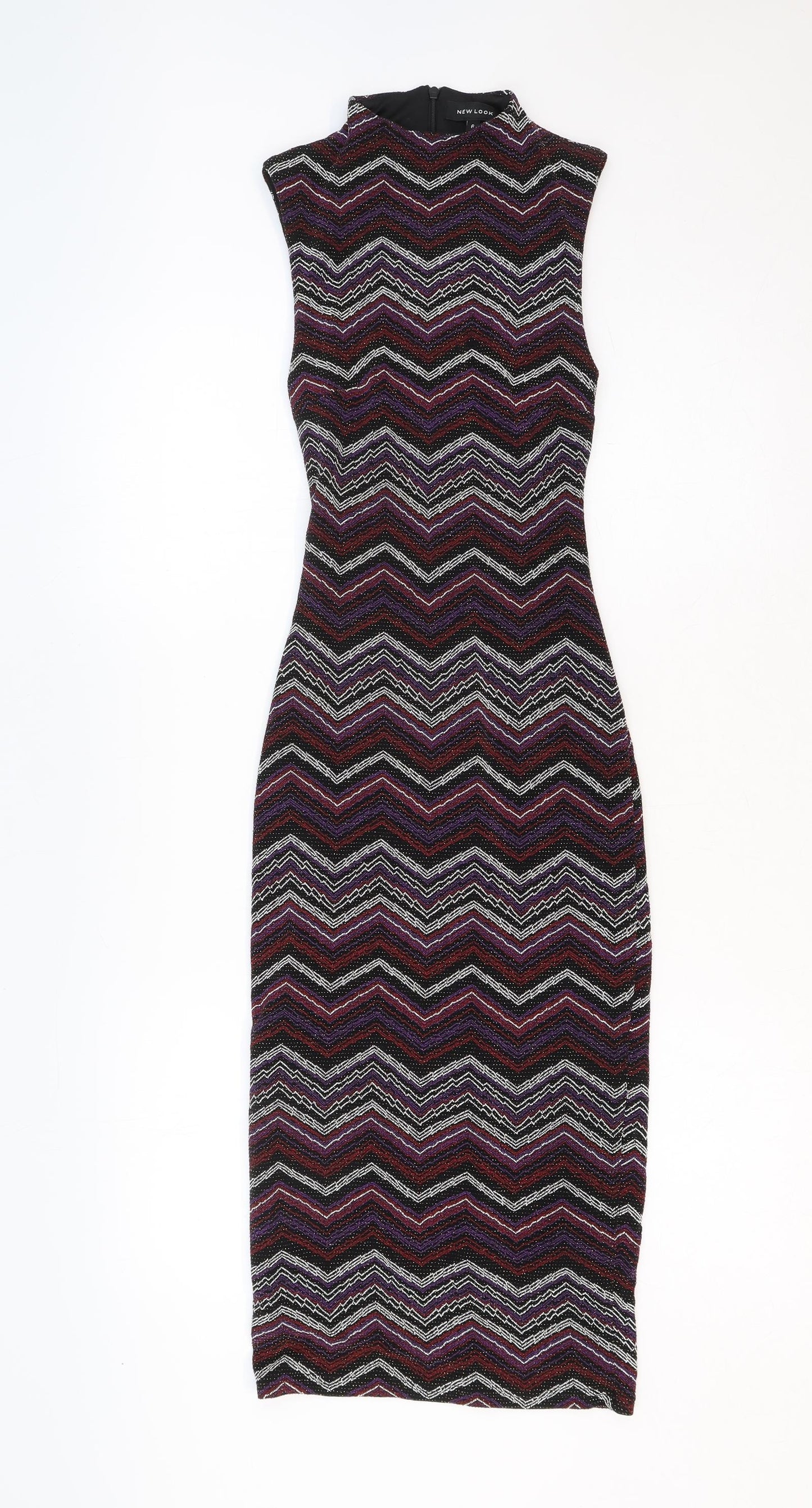 New Look Womens Multicoloured Geometric Nylon Bodycon Size 6 Mock Neck Zip