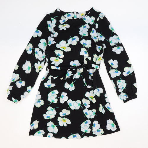 Be Beau Womens Black Floral Polyester Mini Size 8 Boat Neck Button