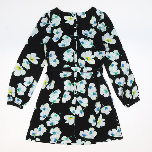 Be Beau Womens Black Floral Polyester Mini Size 8 Boat Neck Button
