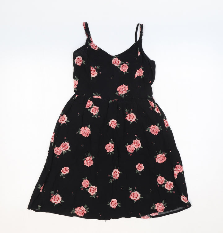 H&M Womens Black Floral Viscose Slip Dress Size 4 V-Neck Pullover - Shirred Back