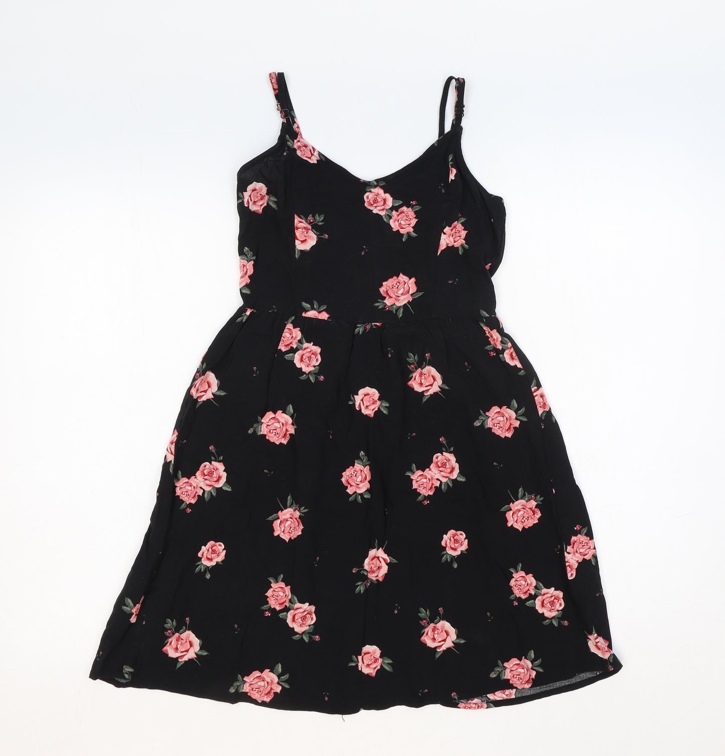 H&M Womens Black Floral Viscose Slip Dress Size 4 V-Neck Pullover - Shirred Back