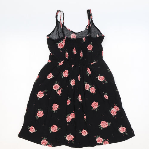 H&M Womens Black Floral Viscose Slip Dress Size 4 V-Neck Pullover - Shirred Back