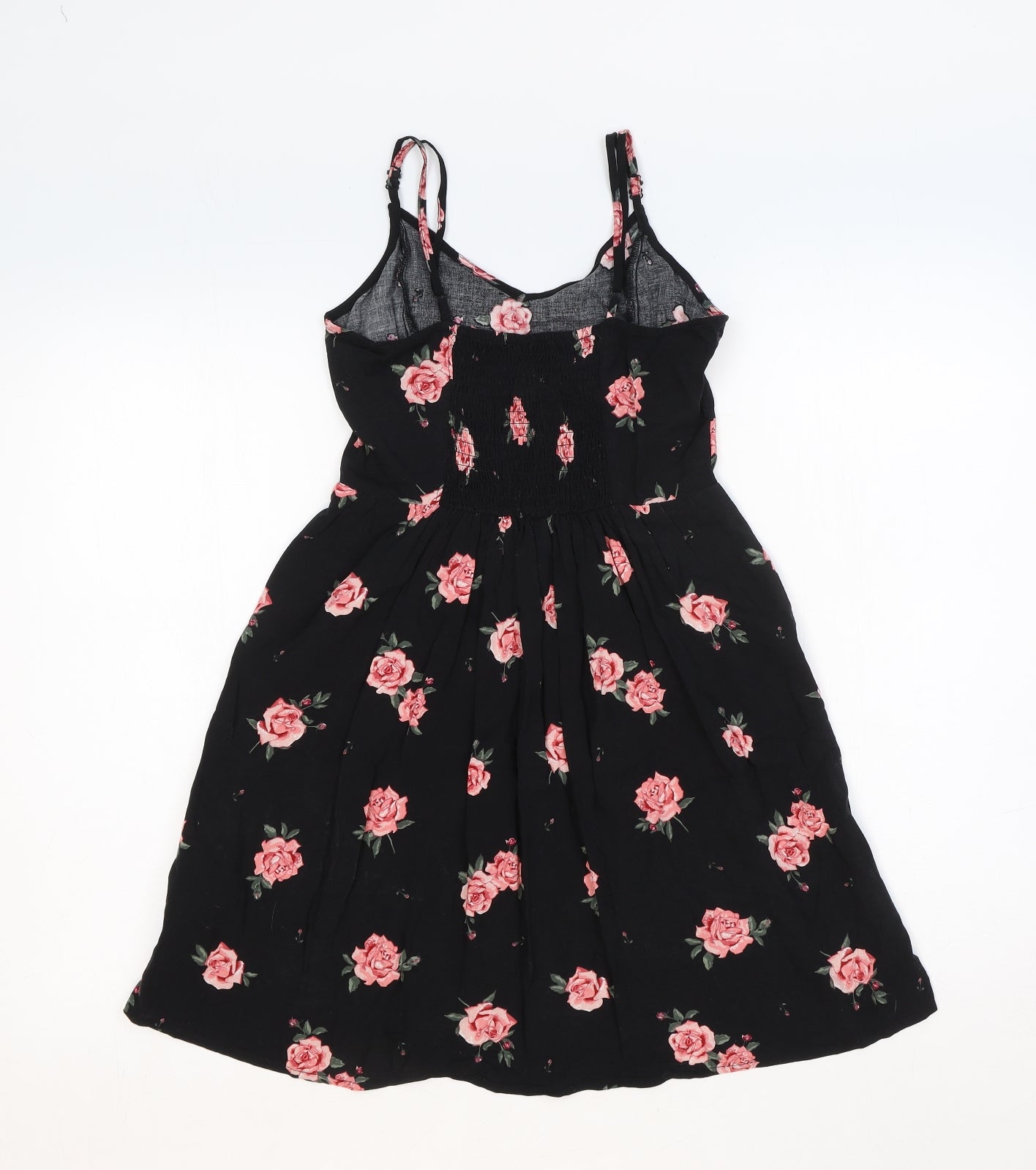 H&M Womens Black Floral Viscose Slip Dress Size 4 V-Neck Pullover - Shirred Back
