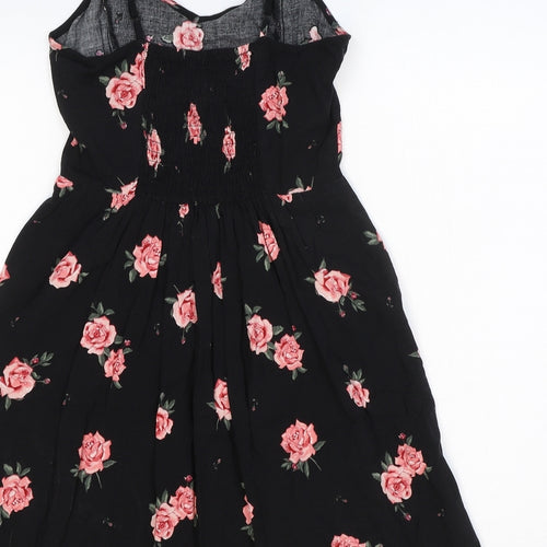 H&M Womens Black Floral Viscose Slip Dress Size 4 V-Neck Pullover - Shirred Back
