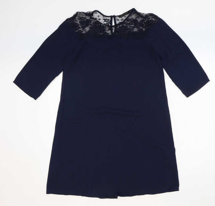 Zara Womens Blue Polyester Shift Size S Boat Neck Button - Lace Detail