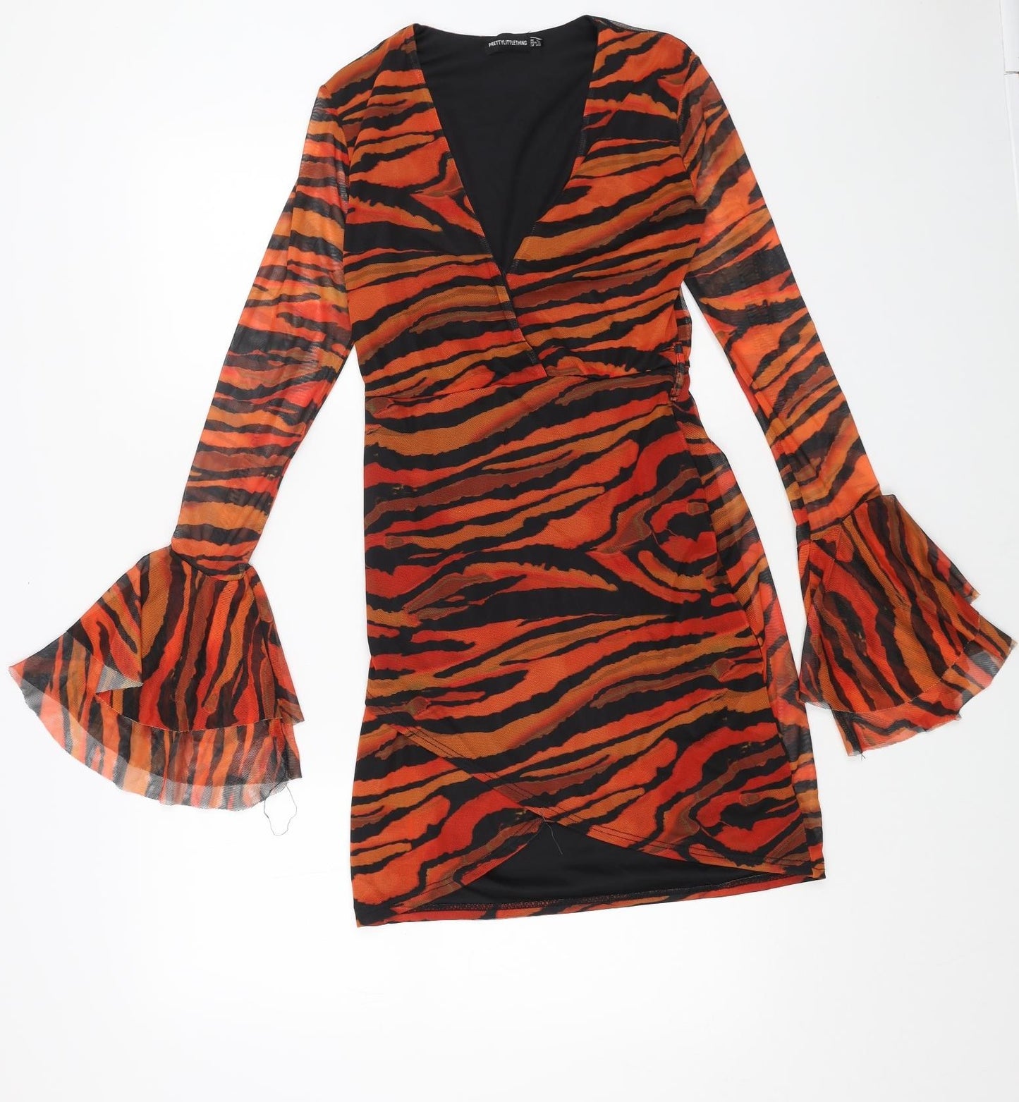 PRETTYLITTLETHING Womens Orange Animal Print Polyester Bodycon Size 10 V-Neck Pullover - Tiger Pattern