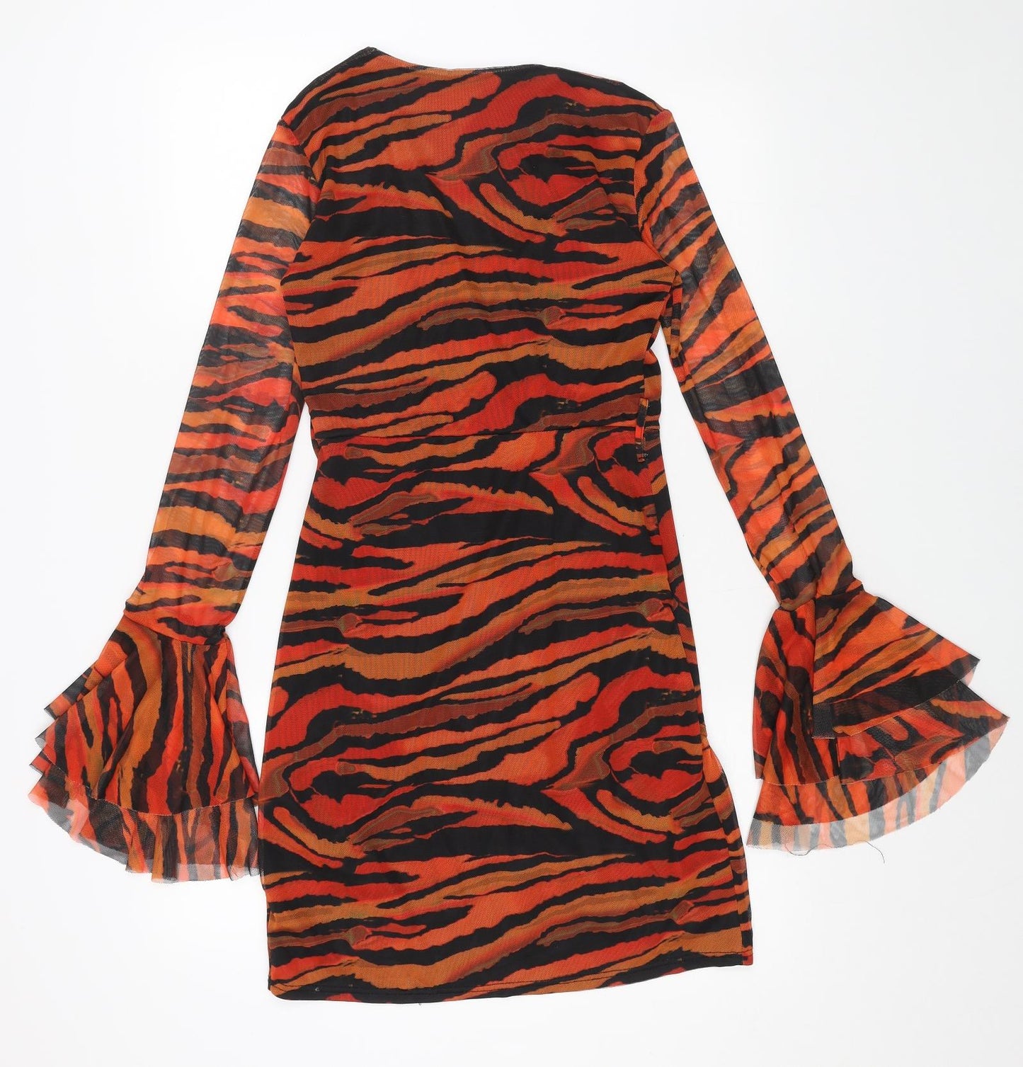 PRETTYLITTLETHING Womens Orange Animal Print Polyester Bodycon Size 10 V-Neck Pullover - Tiger Pattern