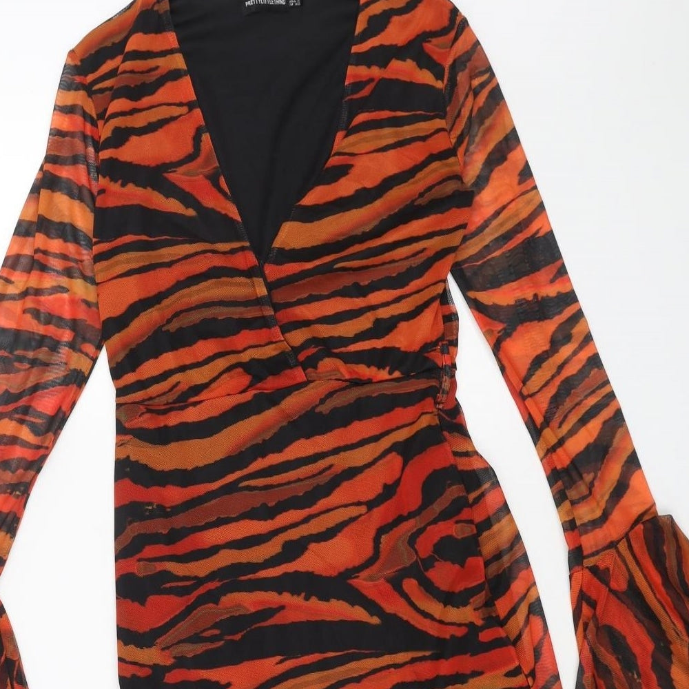 PRETTYLITTLETHING Womens Orange Animal Print Polyester Bodycon Size 10 V-Neck Pullover - Tiger Pattern