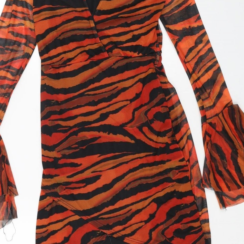 PRETTYLITTLETHING Womens Orange Animal Print Polyester Bodycon Size 10 V-Neck Pullover - Tiger Pattern