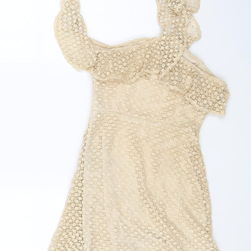 Preworn Womens Beige Polka Dot Polyester Trapeze & Swing Size S Square Neck Zip
