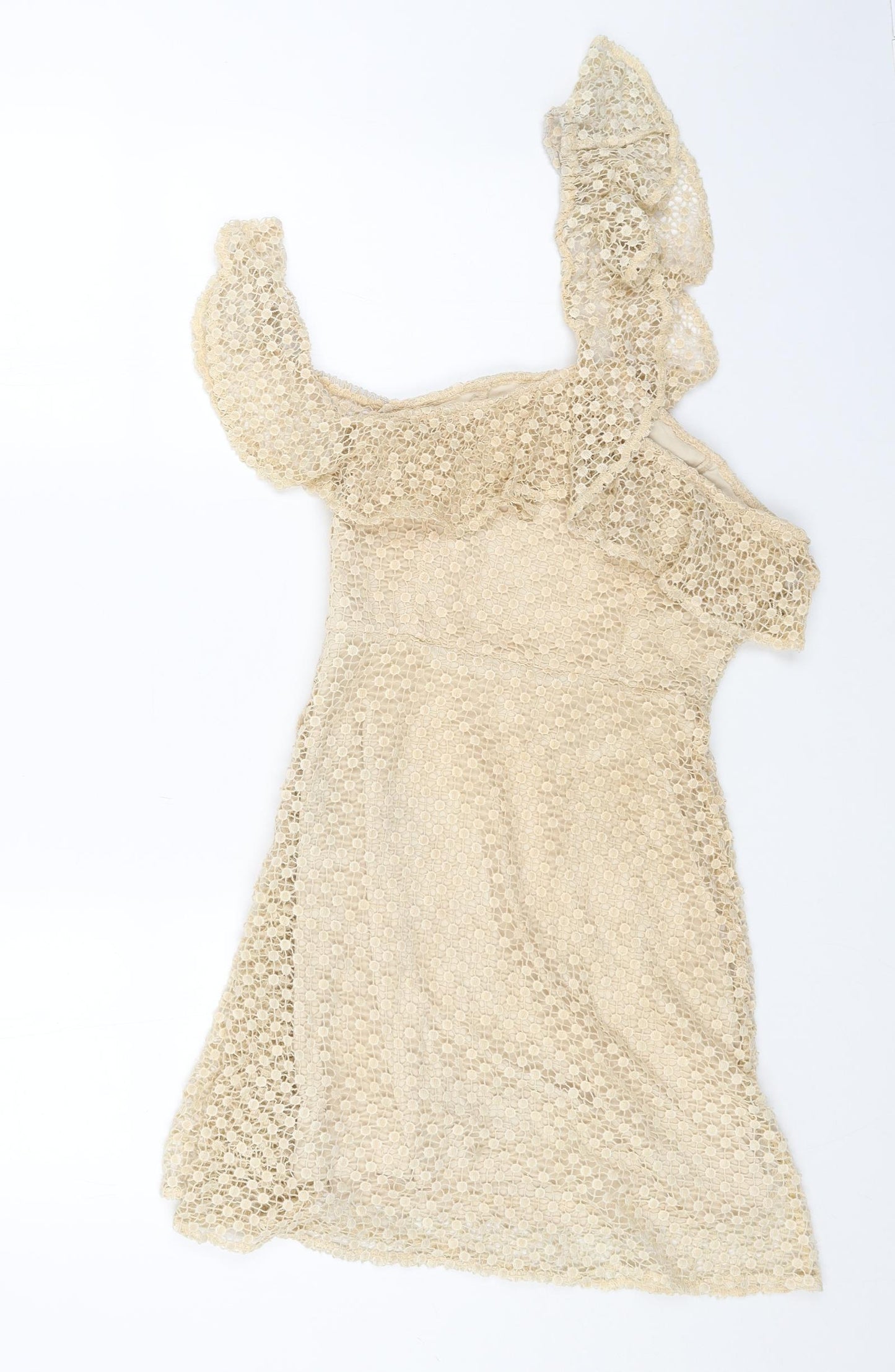 Preworn Womens Beige Polka Dot Polyester Trapeze & Swing Size S Square Neck Zip