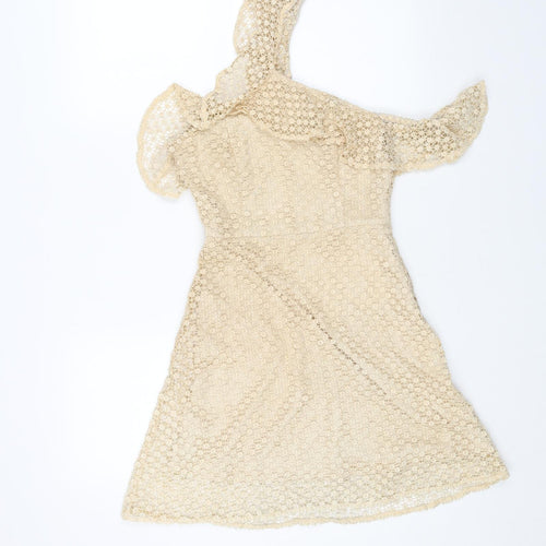 Preworn Womens Beige Polka Dot Polyester Trapeze & Swing Size S Square Neck Zip
