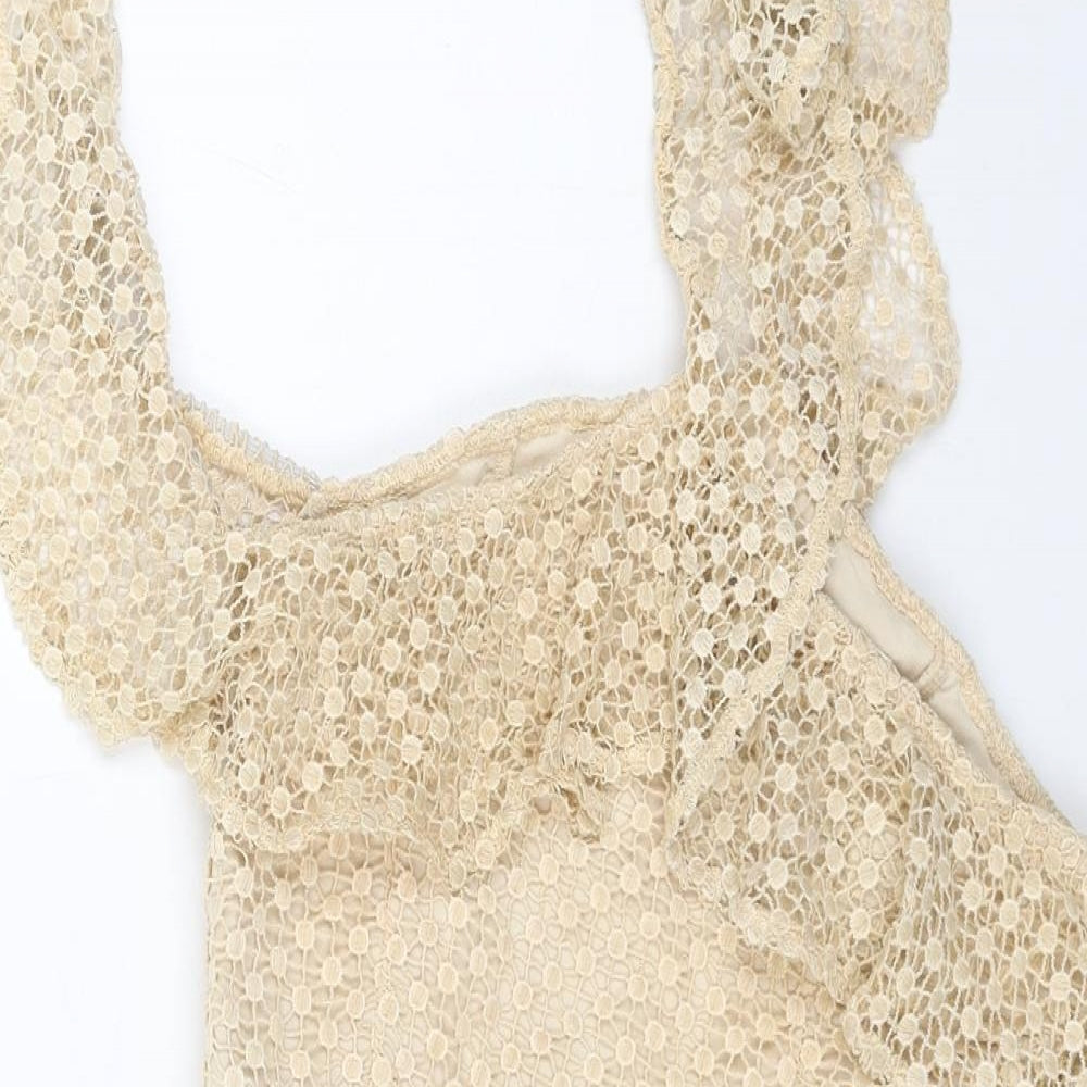 Preworn Womens Beige Polka Dot Polyester Trapeze & Swing Size S Square Neck Zip