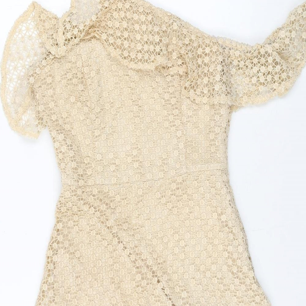 Preworn Womens Beige Polka Dot Polyester Trapeze & Swing Size S Square Neck Zip