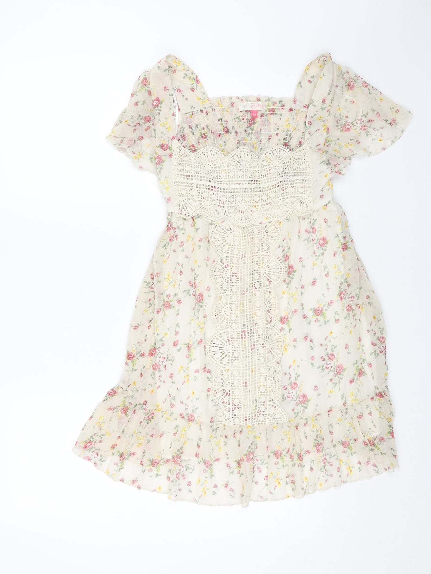 Miso Womens Beige Floral Polyester Trapeze & Swing Size 10 Square Neck Pullover
