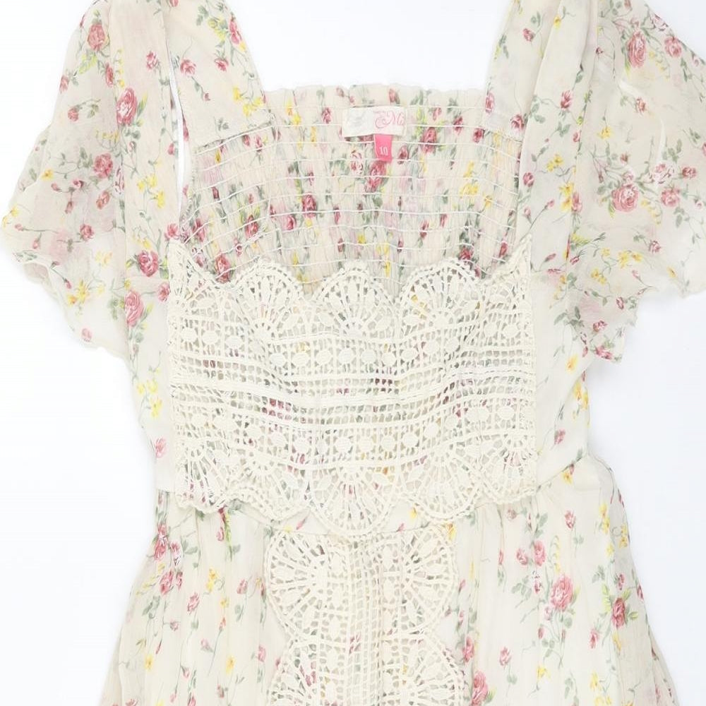 Miso Womens Beige Floral Polyester Trapeze & Swing Size 10 Square Neck Pullover