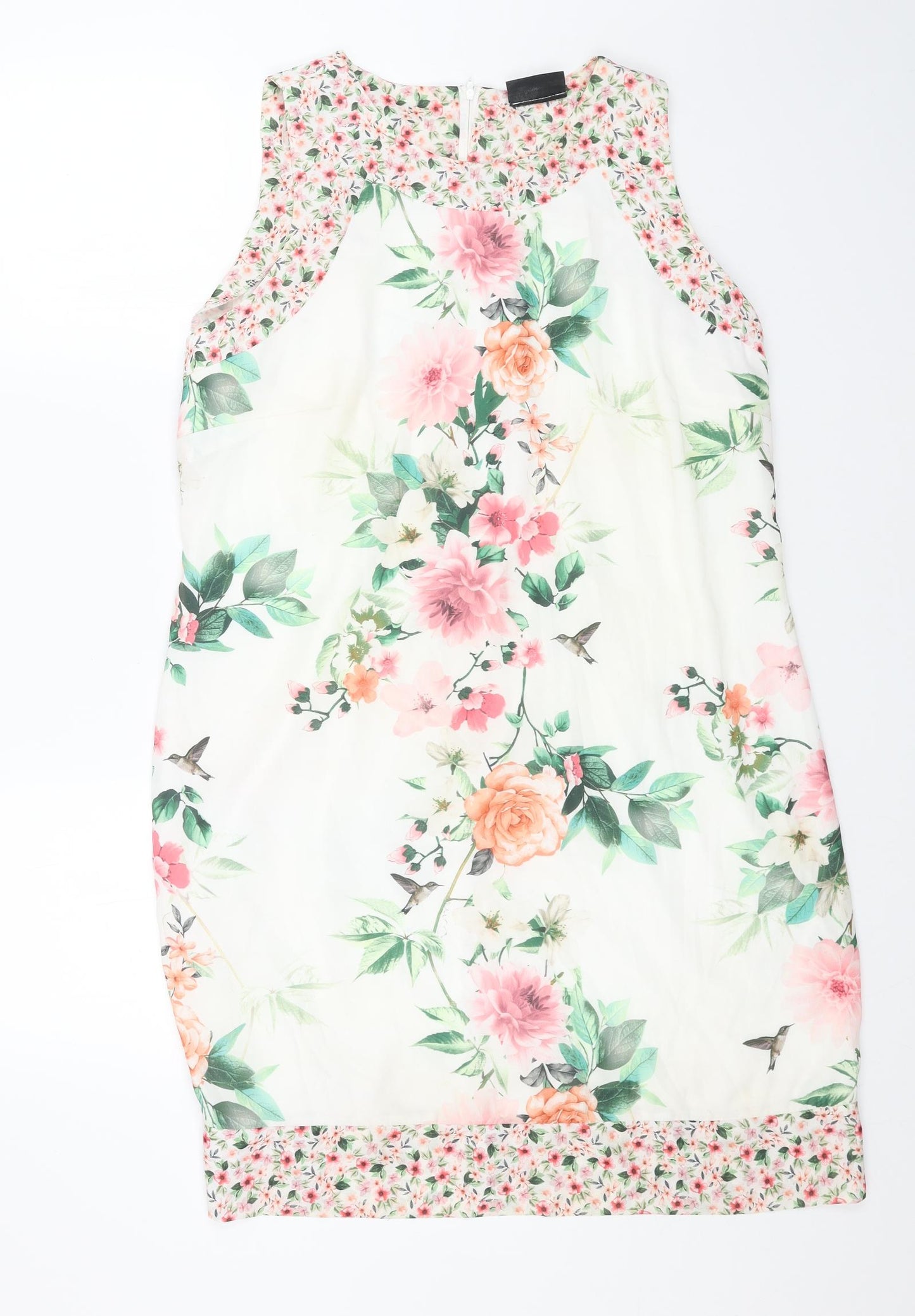 Wallis Womens White Floral Polyester A-Line Size 16 Round Neck Zip