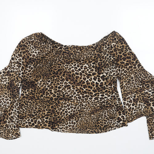youins Womens Brown Animal Print Polyester Basic Blouse Size XL Round Neck - Leopard print