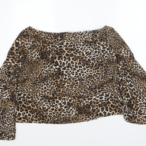 youins Womens Brown Animal Print Polyester Basic Blouse Size XL Round Neck - Leopard print