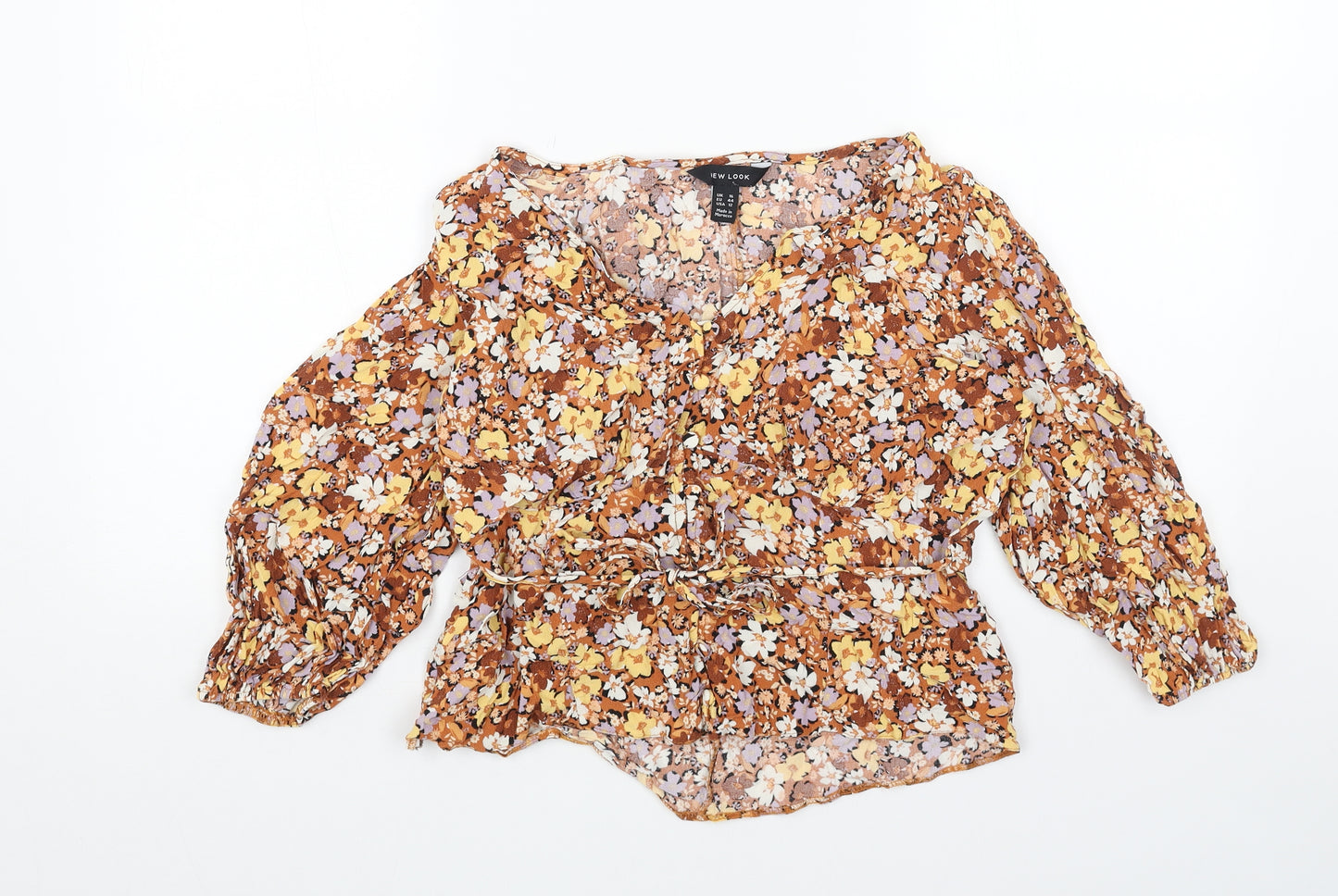 New Look Womens Brown Floral Viscose Basic Blouse Size 16 V-Neck