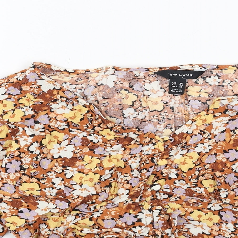 New Look Womens Brown Floral Viscose Basic Blouse Size 16 V-Neck