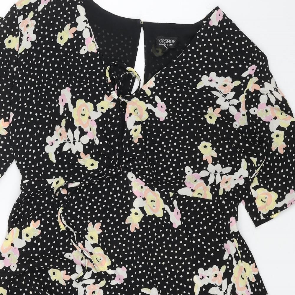 Topshop Womens Black Geometric Polyester Fit & Flare Size 16 V-Neck Zip