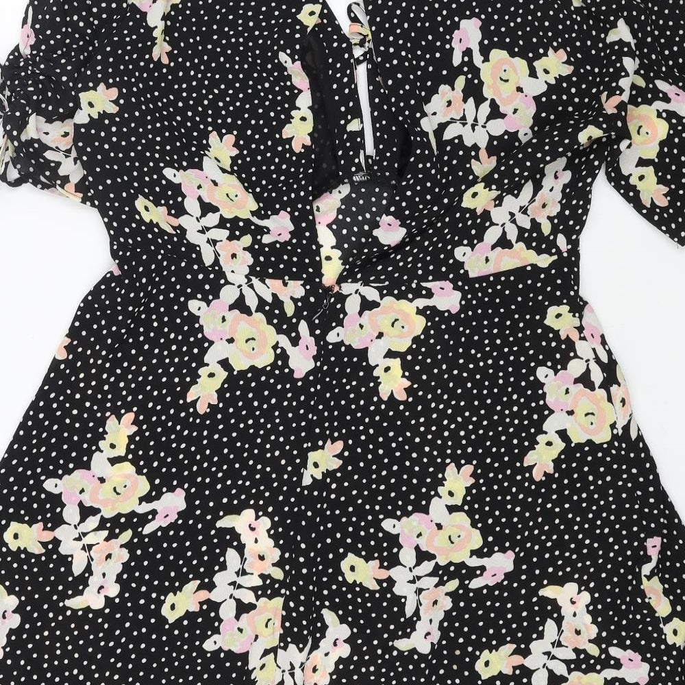 Topshop Womens Black Geometric Polyester Fit & Flare Size 16 V-Neck Zip