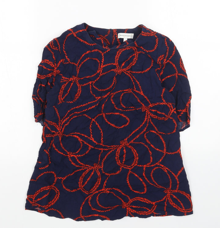 Warehouse Womens Blue Geometric Viscose Basic Blouse Size 6 Round Neck