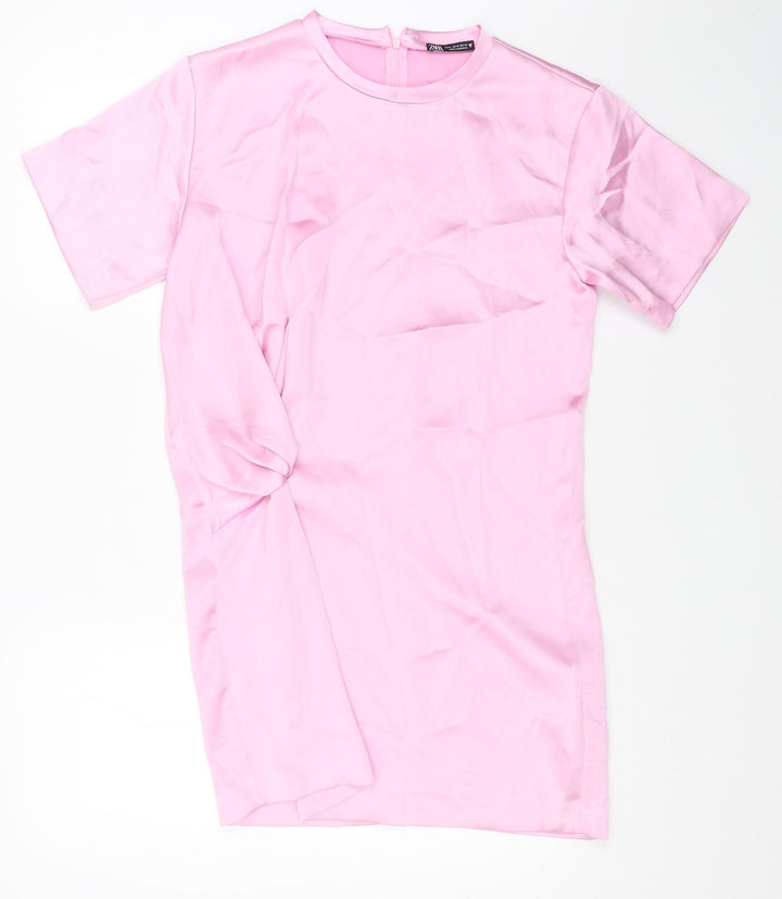 Zara Womens Pink Polyester T-Shirt Dress Size M Round Neck Zip - Front Detail