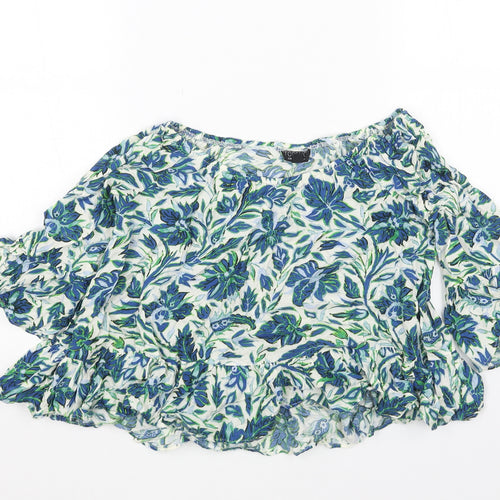 Topshop Womens Blue Floral Viscose Basic Blouse Size 8 Boat Neck