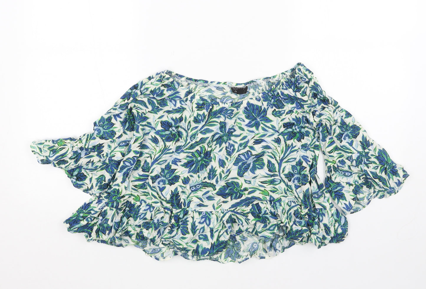 Topshop Womens Blue Floral Viscose Basic Blouse Size 8 Boat Neck