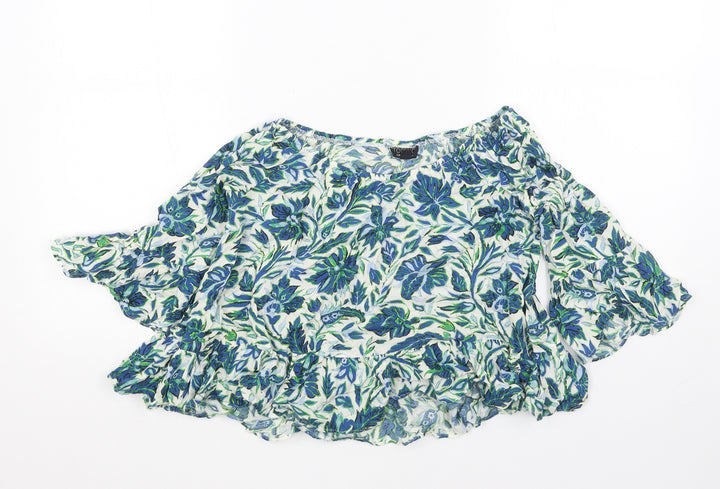 Topshop Womens Blue Floral Viscose Basic Blouse Size 8 Boat Neck
