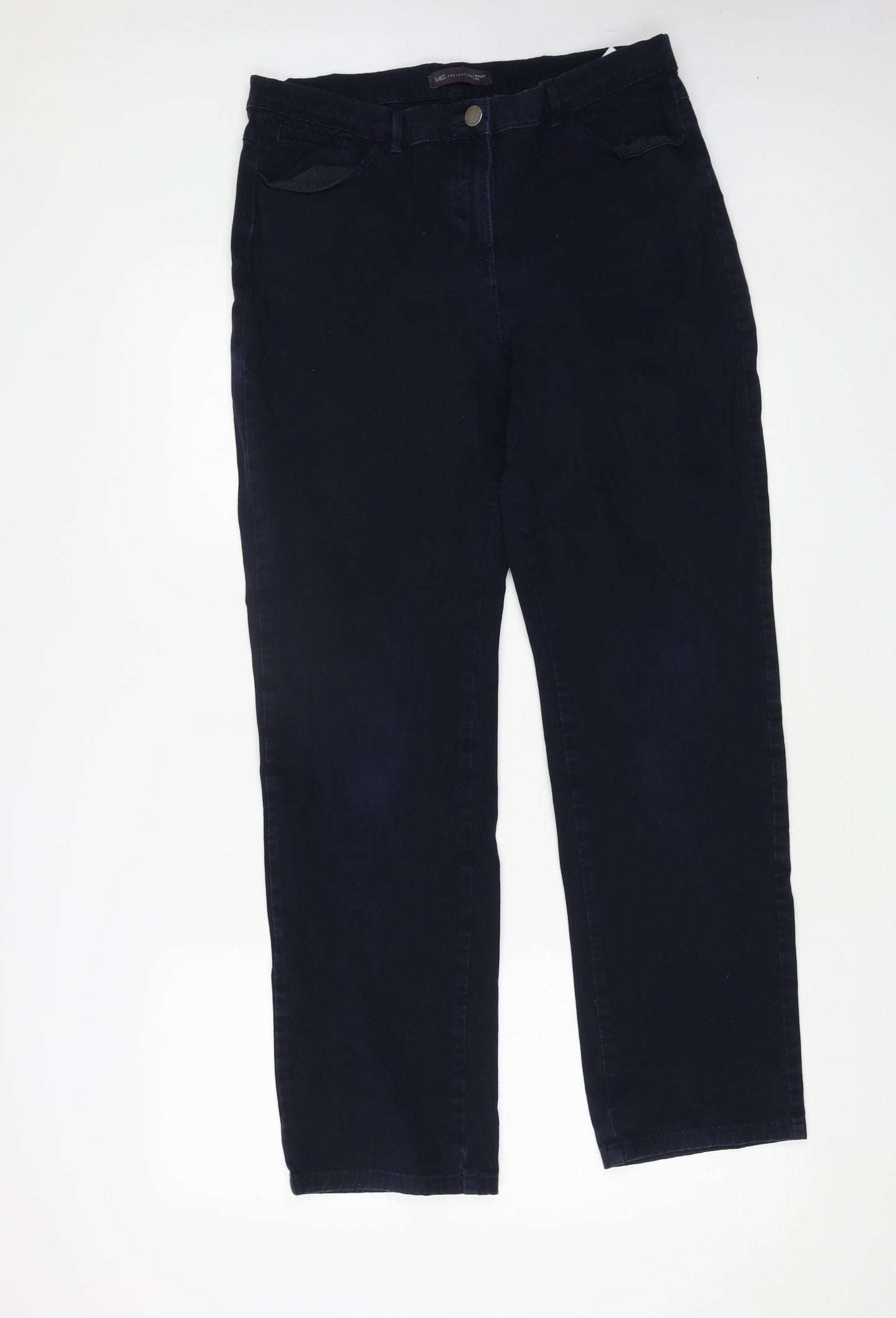 Marks and Spencer Womens Blue Cotton Straight Jeans Size 14 L28 in Regular Button