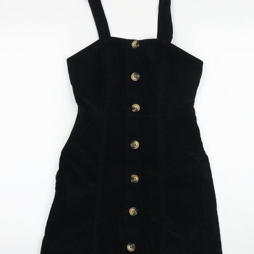 Denim & Co. Womens Black Herringbone Cotton Pinafore/Dungaree Dress Size 6 Square Neck Button