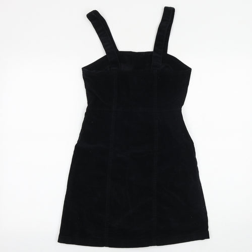 Denim & Co. Womens Black Herringbone Cotton Pinafore/Dungaree Dress Size 6 Square Neck Button