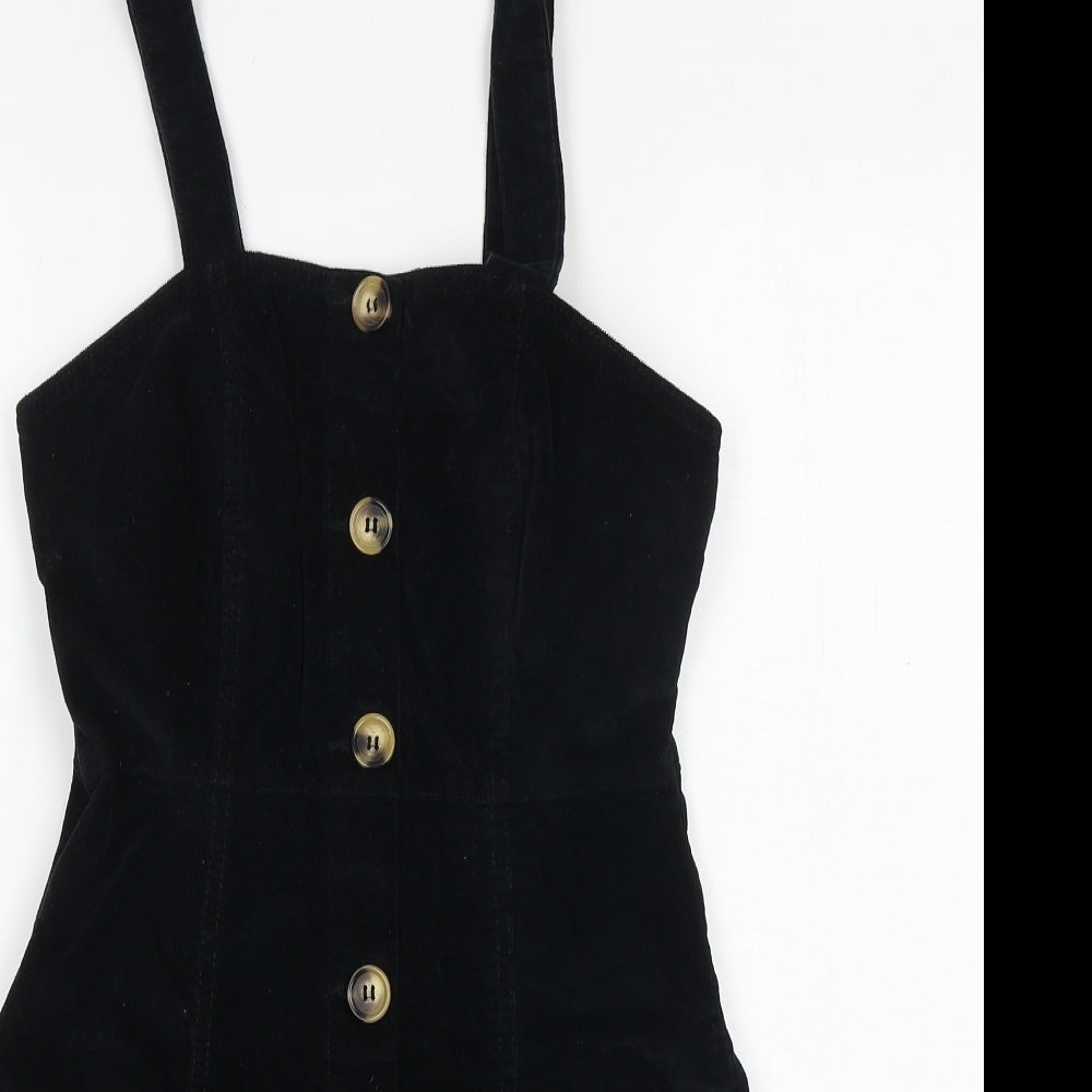 Denim & Co. Womens Black Herringbone Cotton Pinafore/Dungaree Dress Size 6 Square Neck Button