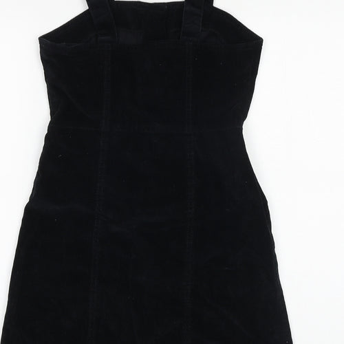 Denim & Co. Womens Black Herringbone Cotton Pinafore/Dungaree Dress Size 6 Square Neck Button