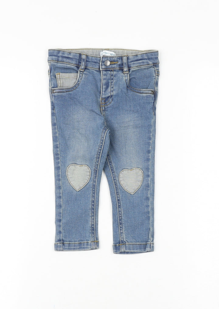 Vertbaudet Baby Blue Cotton Jogger Jeans Size 12 Months L50 cm Button - Heart Patches