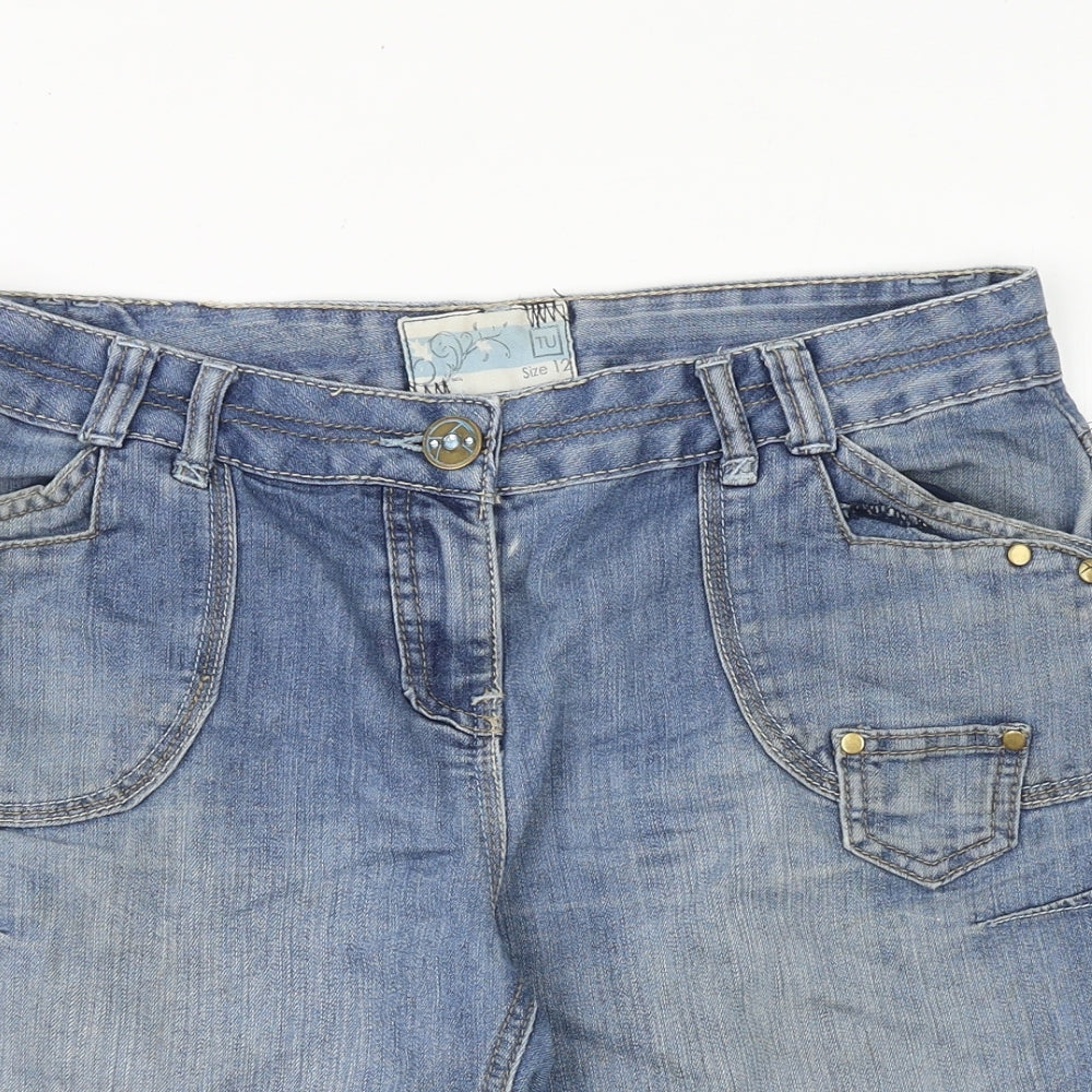TU Womens Blue Cotton Boyfriend Shorts Size 12 Regular Zip