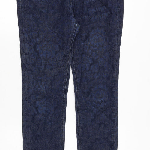 Zara Womens Blue Geometric Cotton Straight Jeans Size 12 Slim Zip