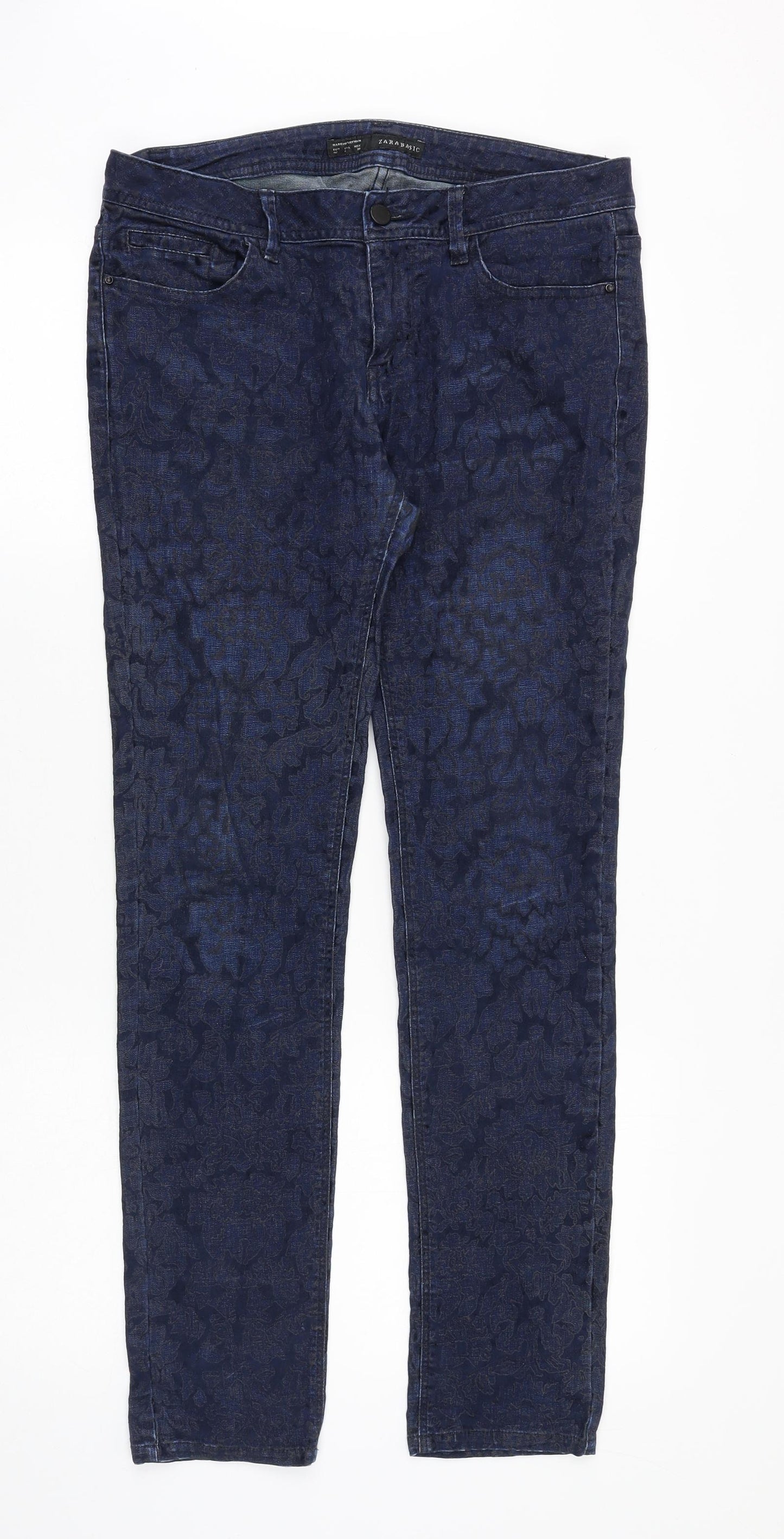 Zara Womens Blue Geometric Cotton Straight Jeans Size 12 Slim Zip