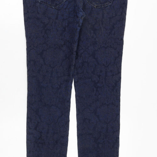 Zara Womens Blue Geometric Cotton Straight Jeans Size 12 Slim Zip